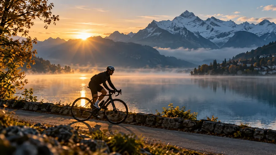 Velofahrer am Seeufer bei Sonnenaufgang vor den Alpen