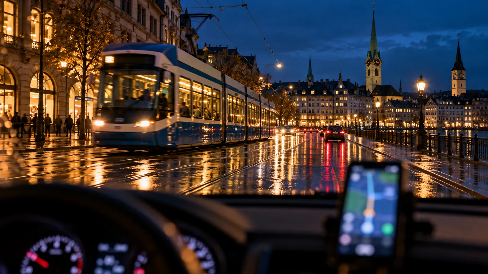Abend in Zürich: Tram auf nasser Strasse, Navigation am Armaturenbrett