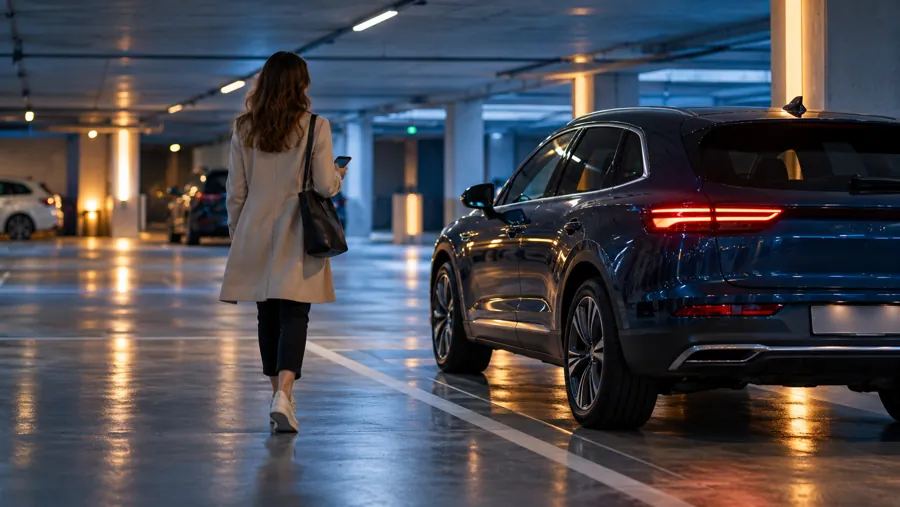 Person geht in einem hellen Parkhaus mit dem Smartphone zurück zum Auto