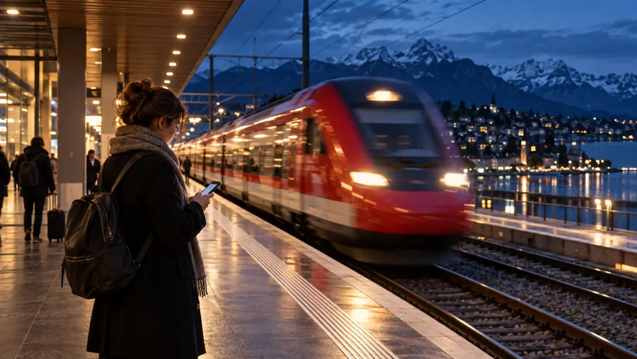 Person mit Smartphone am Bahnsteig, ein roter Zug fährt ein