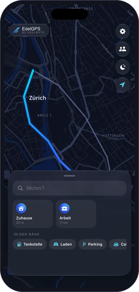 EdelGPS auf dem iPhone: Suche, Zuhause und Arbeit, Orte in der Nähe