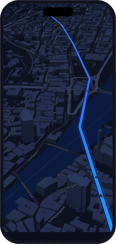 Nachtkarte in 3D mit Route