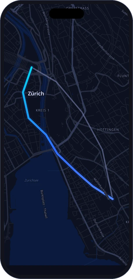Gemeinsame Route auf der Nachtkarte